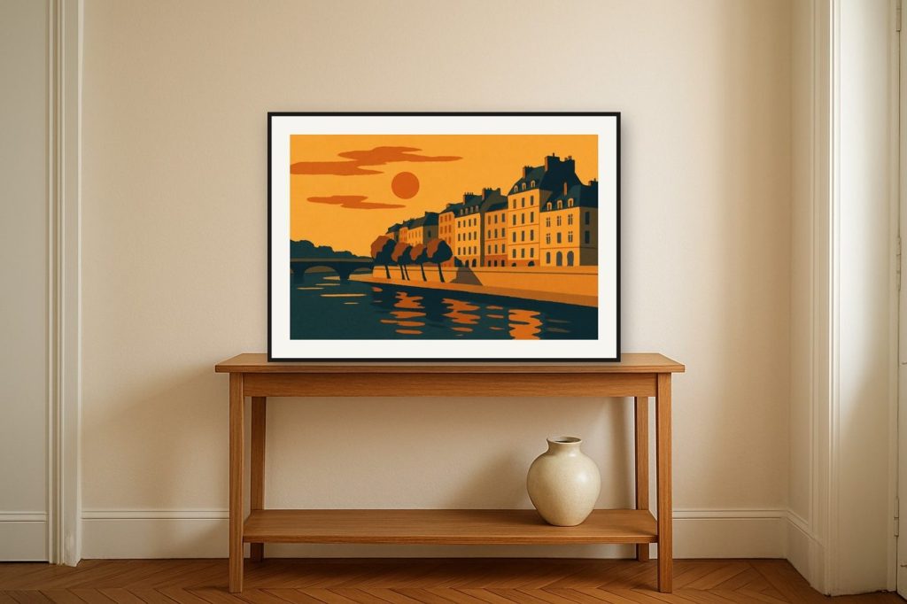L’affiche Île Saint-Louis – Quais au coucher du soleil accrochée dans une pièce
